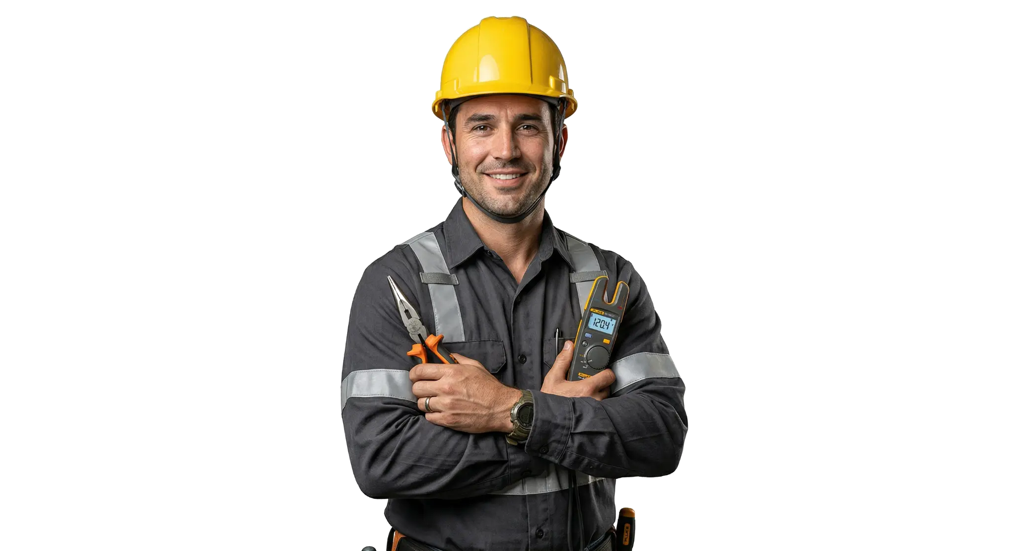 Smiling electrician with tools